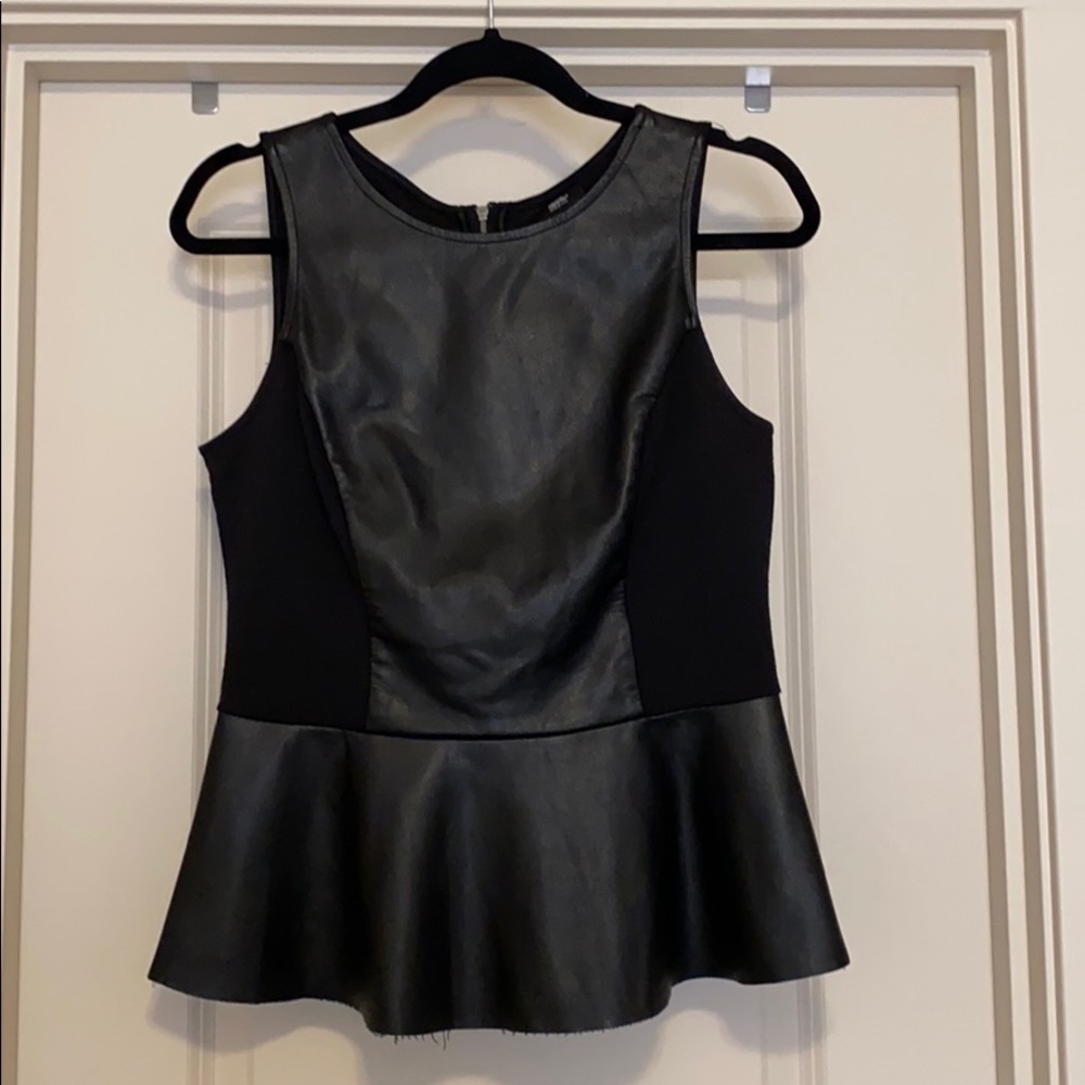 Black Faux Leather & Cotton Peplum Tank Top - S